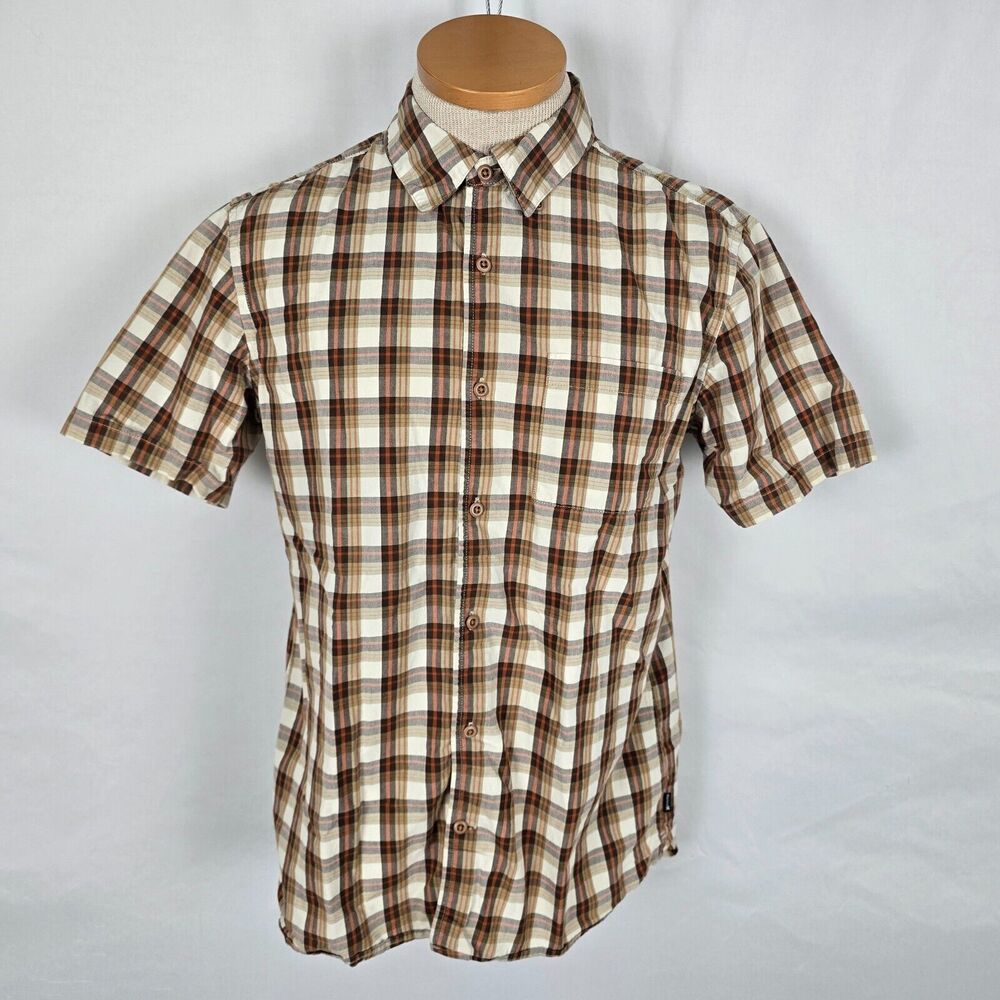 Hurley Button Down Shirt Men's M Brown White Plaid Short Sleeve Classic Fit